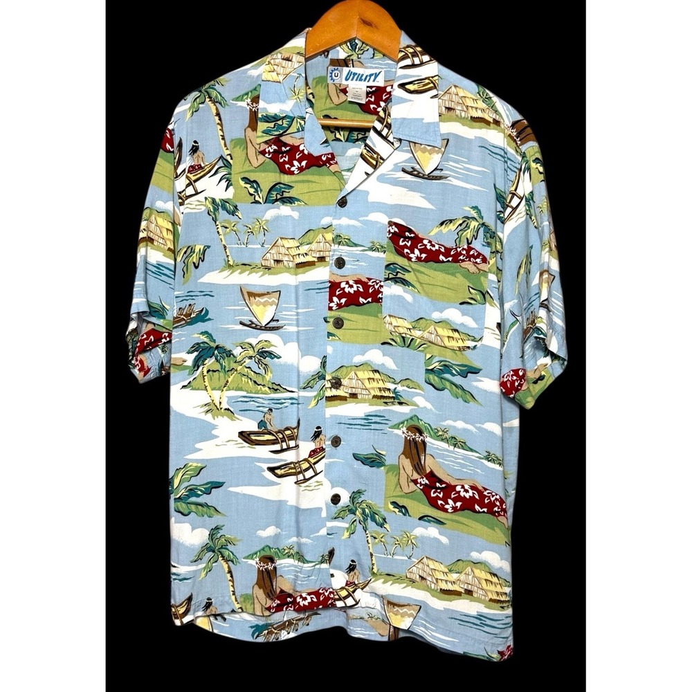 Utility Hawaiian Shirt Men's Size M Colorful‎ Rayon Tropical Aloha Beach Casual